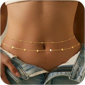 Women's 14k Gold Plated Waist Cute Body Bead Layered Chain Jewelry